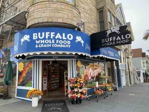 Storefront of Buffalo Whole Food & Grain Company featuring multiple types of signage, including an awning with the store's name and logo, a hanging blade sign with 3D elements, and window graphics displaying floral designs and organic produce themes.