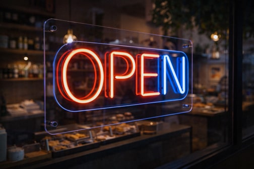 Glass neon sign illuminated at night outside a storefront