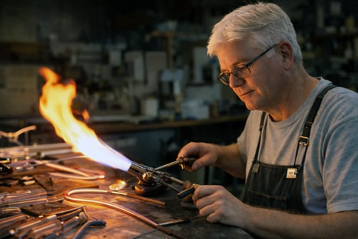 Technician bending glass neon tubing with a torch