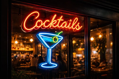 Installed glass neon sign mounted on a backing inside a business