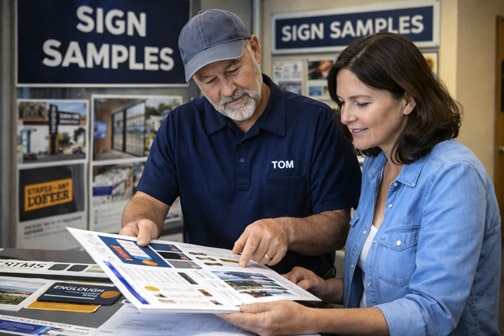 Tom from San Francisco Signs & Graphics reviewing sign samples and options with customer during consultation