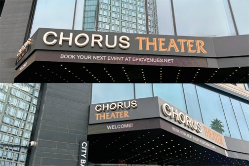 Outdoor commercial building sign on theater exterior