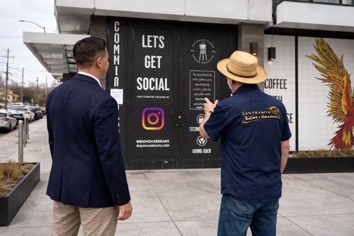 Business owner consulting with a sign maker about an outdoor storefront sign