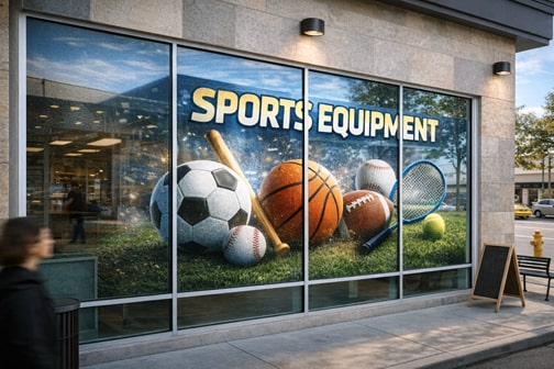 Perforated window film storefront graphics